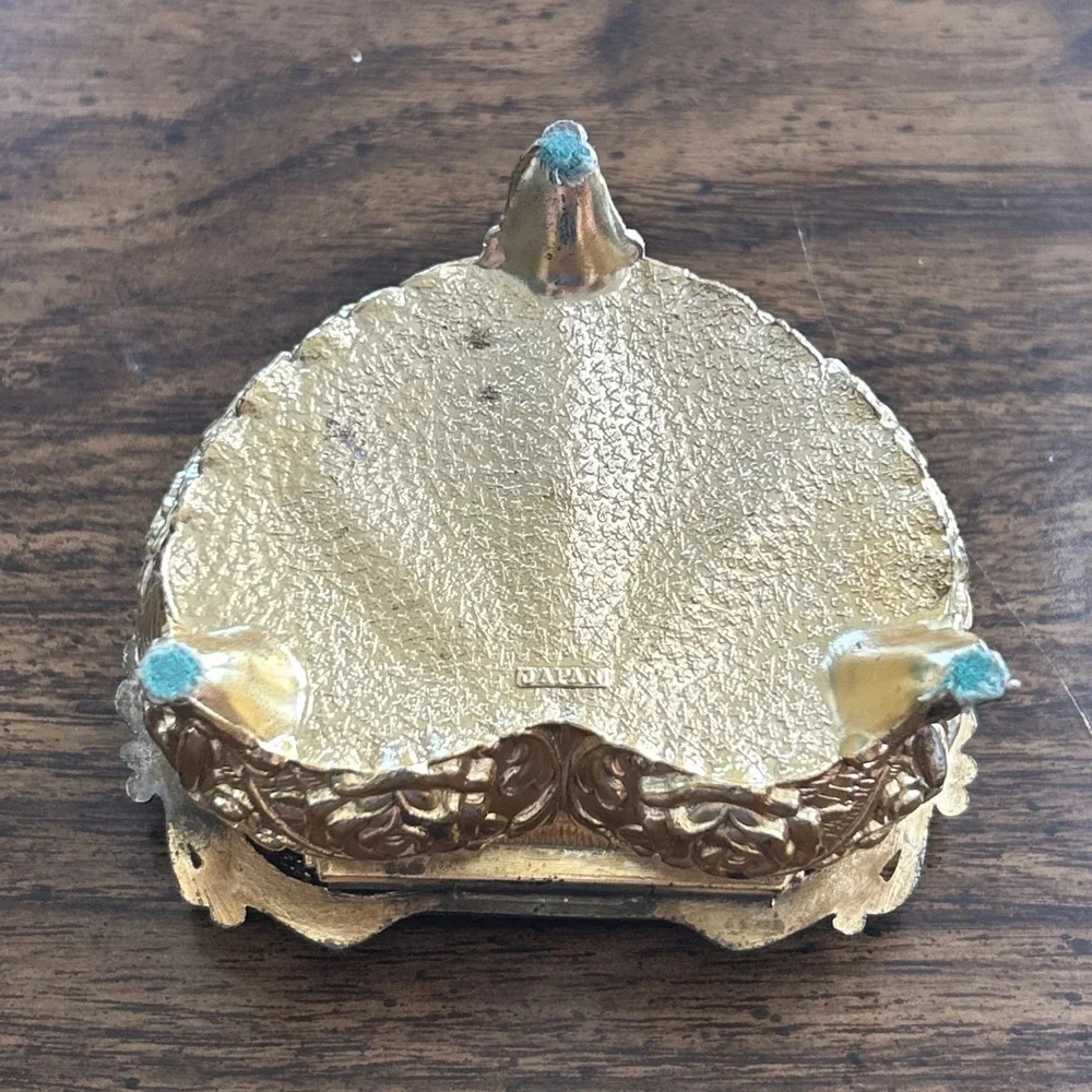 Vintage Japan Heart Shaped Trinket Jewelry Box Gold Tone Roses Red Velvet Footed